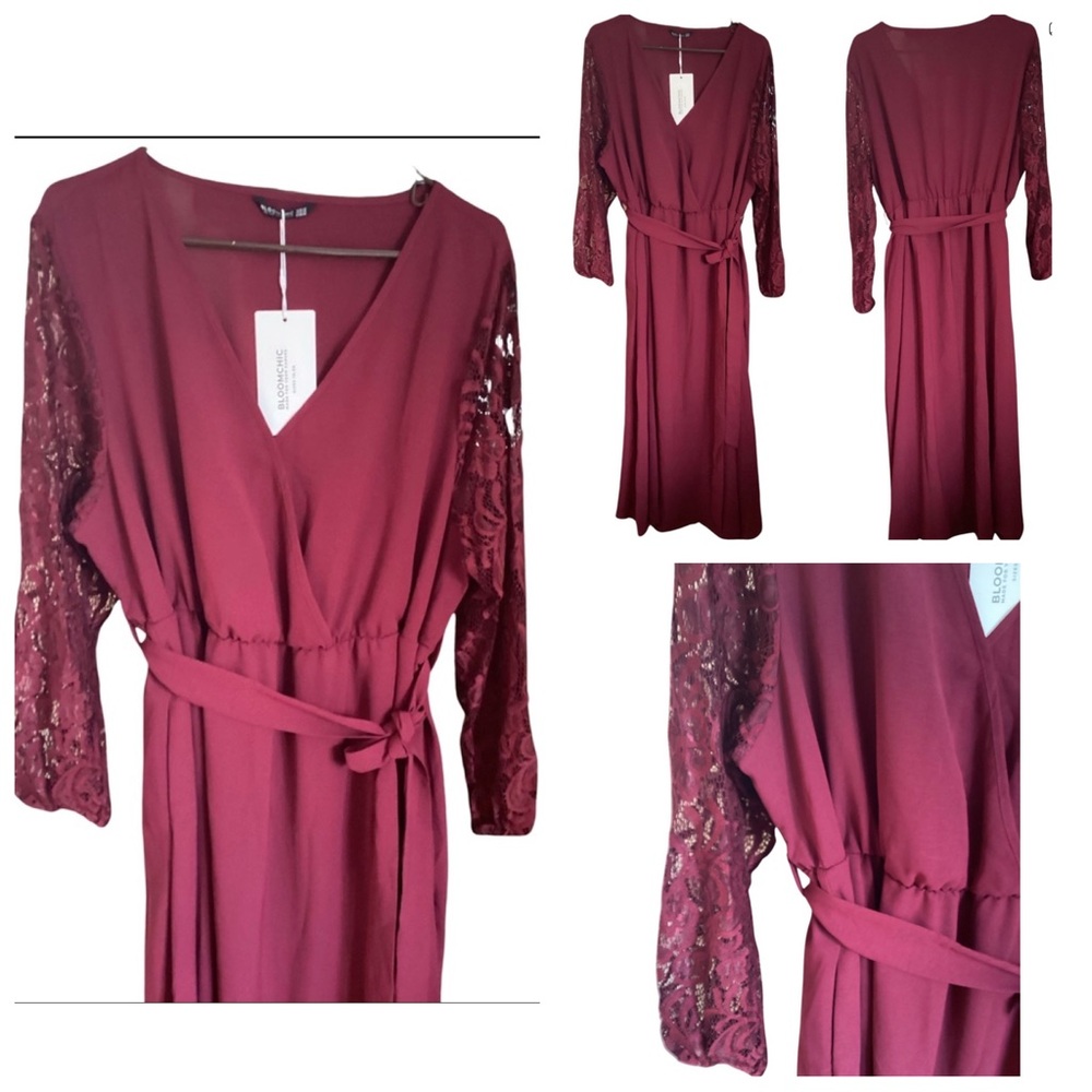🦌 NWT BloomChic Long Dress with Lace Sleeves Perfect For Holidays